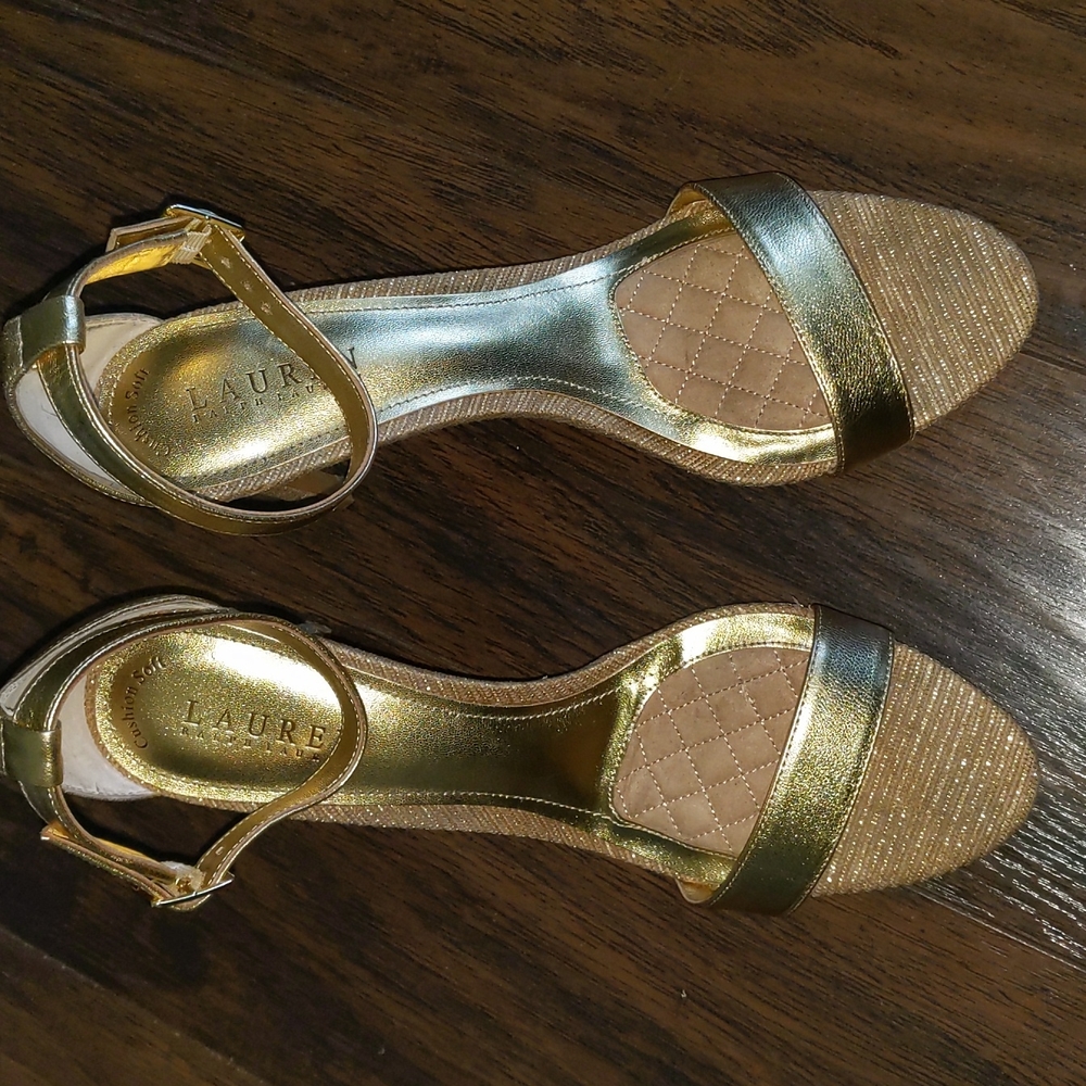 Ralph Lauren Custom Soft Heels, Open Toe Gold Leather